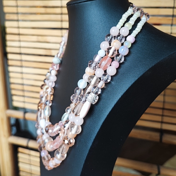 Triple Strand Vintage Art Glass Seed Bead Silver Tone Shepards Hook Necklace - Picture 2 of 6